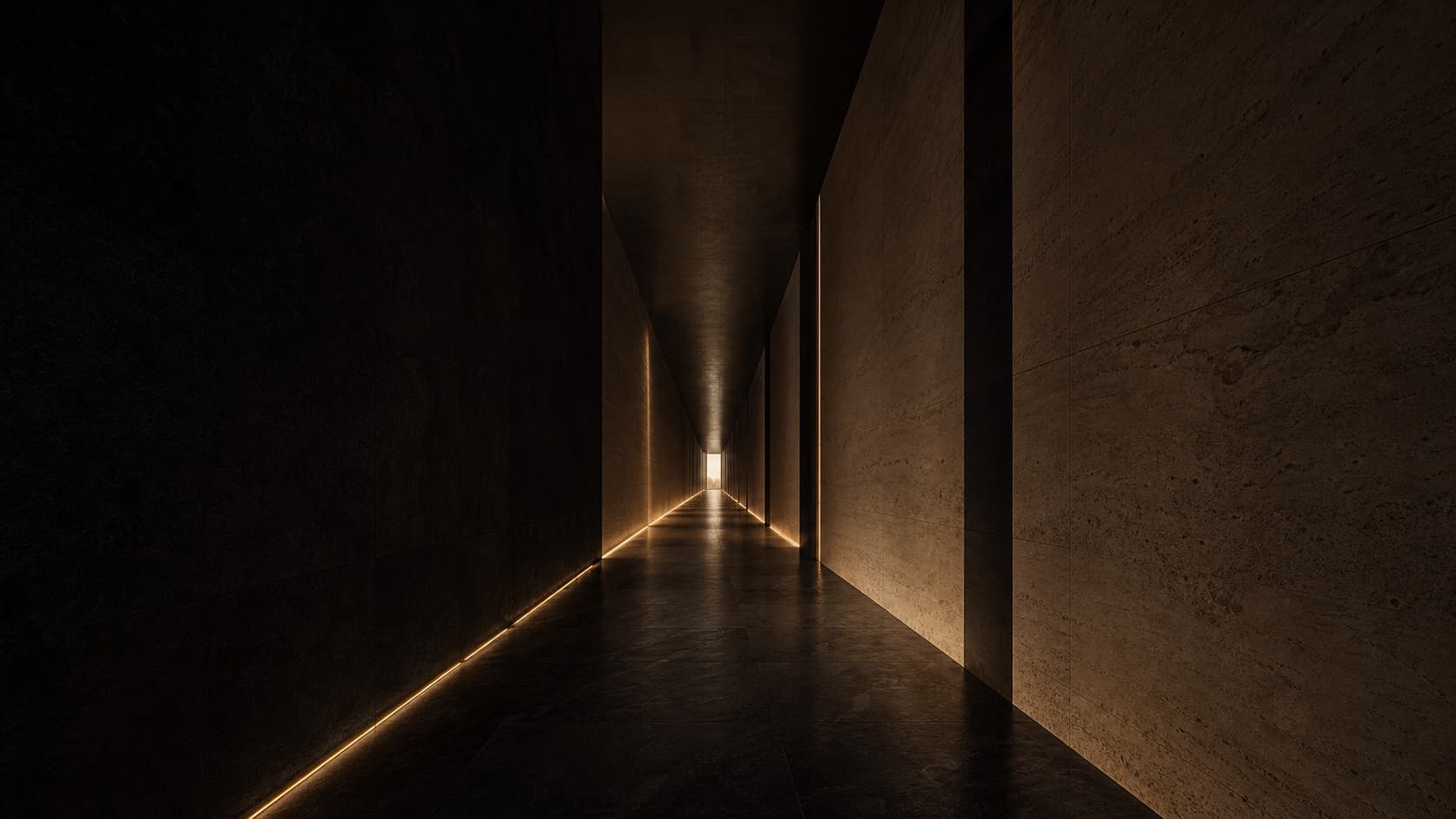 A silent corridor leading toward a distant opening of light