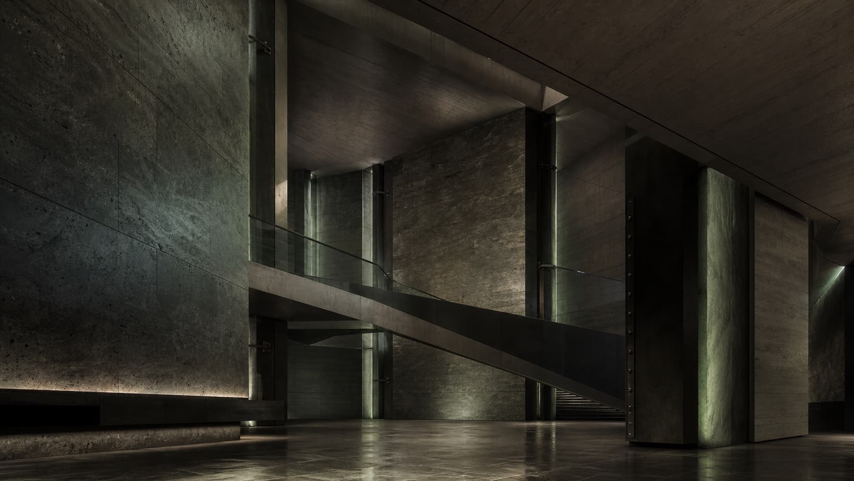A precise concrete structure held by dark olive columns and bridges